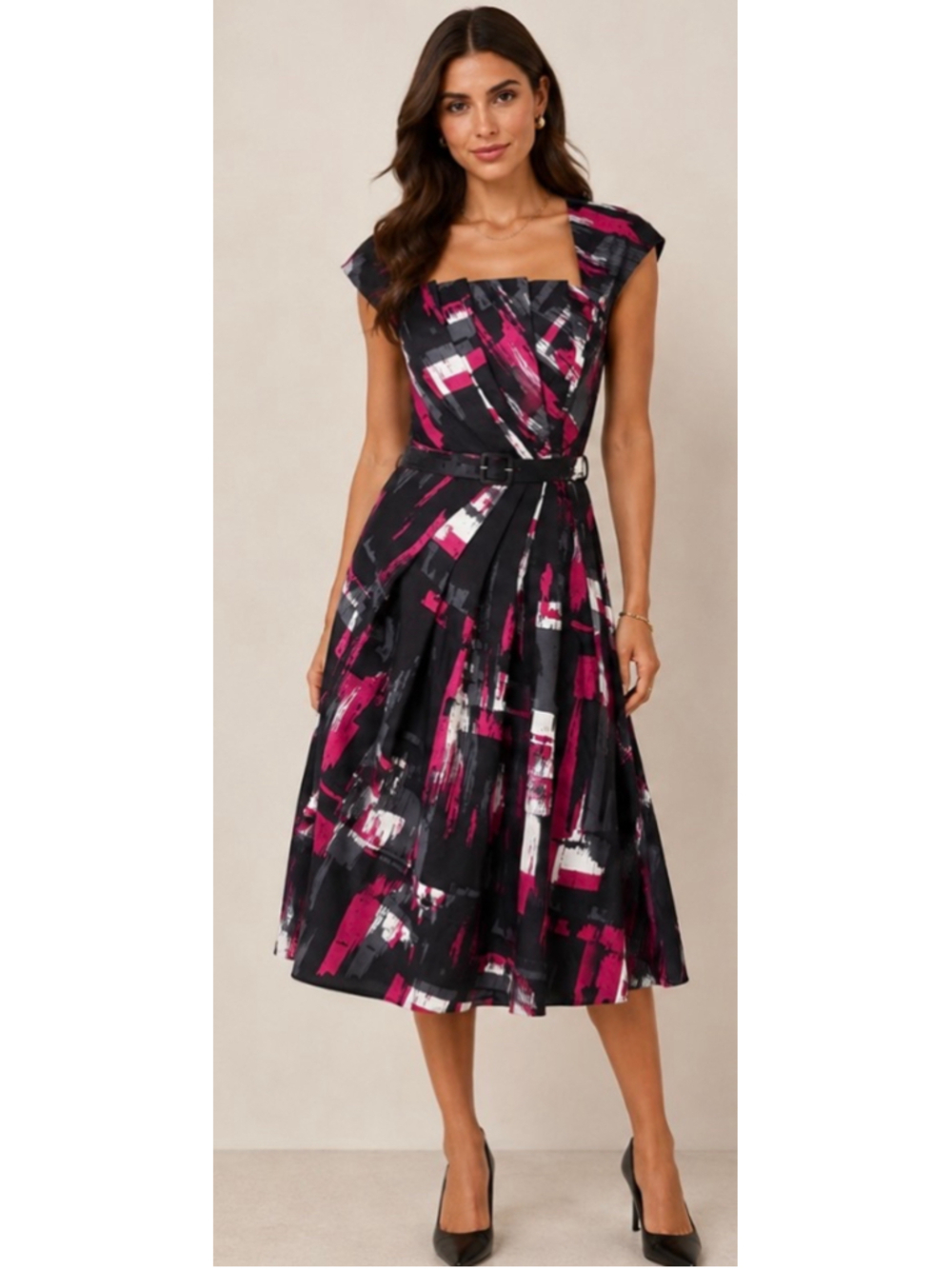 L. K. Bennett Midi Dress Size 4 US Black Pink Abstract Print Belted